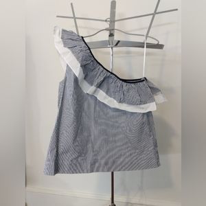 J. Crew Navy and White Striped One Shoulder Ruffle Top